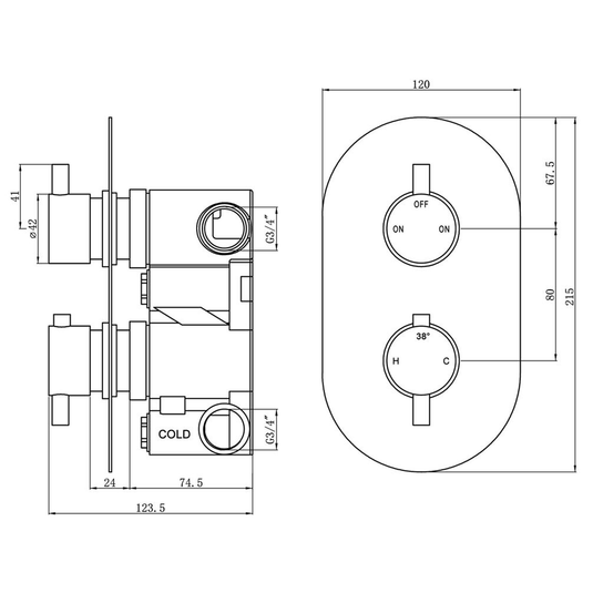 Ruby Two Outlet Shower Valve - Brushed Brass - RUBY106552