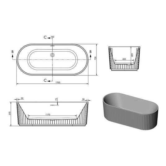 Ruby Walter Fluted Freestanding 1700x750x570mm 0TH Bath - RUBY108532