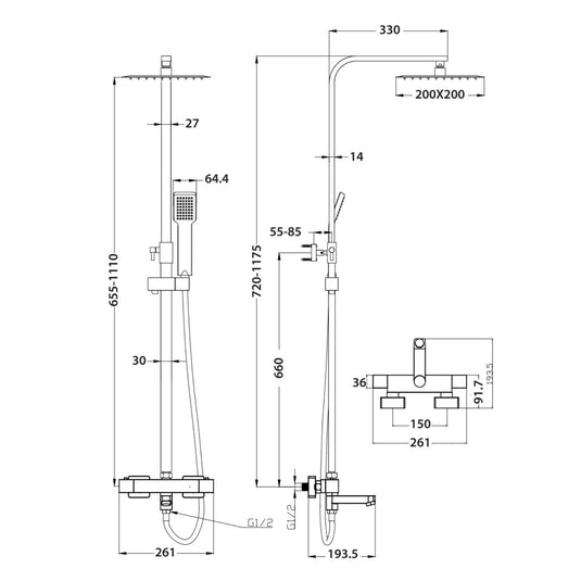 Scudo Block Square Rigid Riser Shower w/ Bath Filler - Chrome - SHOWER012S - Envy Bathrooms Ltd