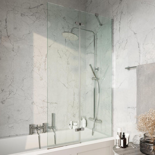 Scudo Chrome Square Pivot Bath Screen Including Fixed Panel 900mm | SCREEN006 - Envy Bathrooms Ltd