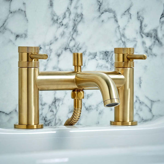 Scudo Core Collection 2 Tap Hole Deck Mounted Bath Shower Filler Tap - Brushed Brass - NU-012 - Envy Bathrooms Ltd