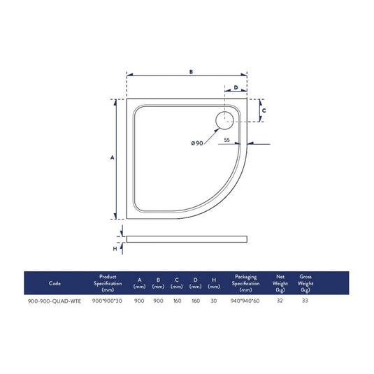 Scudo Eco-Stone Quadrant Shower Tray 900 x 900mm | 900-900-QUAD-WTE - Envy Bathrooms Ltd