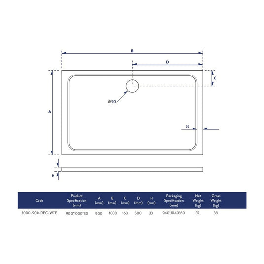 Scudo Eco-Stone Rectangular Shower Tray 1000 x 900mm | 1000-900-REC-WTE - Envy Bathrooms Ltd