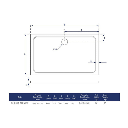 Scudo Eco-Stone Rectangular Shower Tray 1100 x 800mm | 1100-800-REC-WTE - Envy Bathrooms Ltd