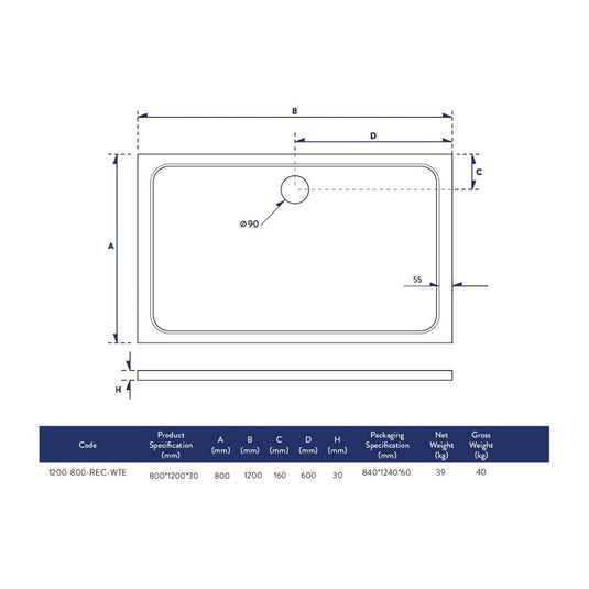 Scudo Eco-Stone Rectangular Shower Tray 1200 x 800mm White | 1200-800-REC-WTE - Envy Bathrooms Ltd