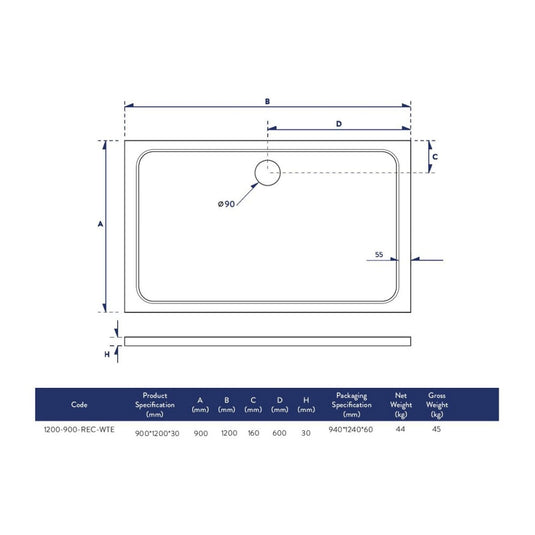 Scudo Eco-Stone Rectangular Shower Tray 1200 x 900mm | 1200-900-REC-WTE - Envy Bathrooms Ltd