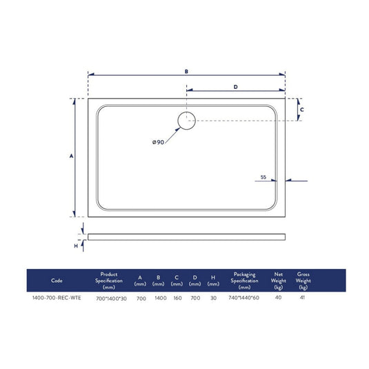 Scudo Eco-Stone Rectangular Shower Tray 1400 x 700mm White | 1400-700-REC-WTE - Envy Bathrooms Ltd