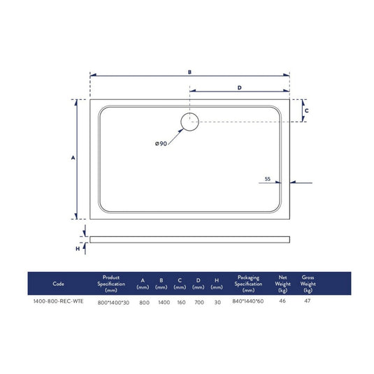 Scudo Eco-Stone Rectangular Shower Tray 1400 x 800mm White | 1400-800-REC-WTE - Envy Bathrooms Ltd