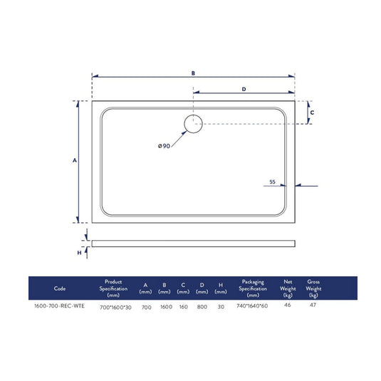 Scudo Eco-Stone Rectangular Shower Tray 1600 x 700mm | 1600-700-REC-WTE - Envy Bathrooms Ltd