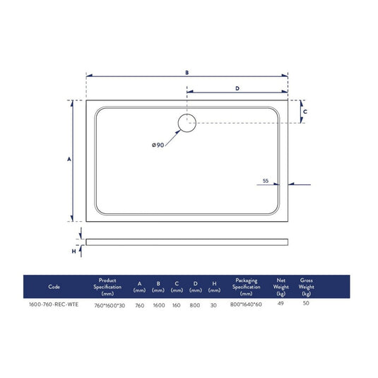Scudo Eco-Stone Rectangular Shower Tray 1600 x 760mm | 1600-760-REC-WTE - Envy Bathrooms Ltd