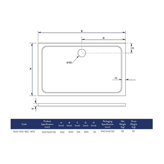 Scudo Eco-Stone Rectangular Shower Tray 1600 x 900mm | 1600-900-REC-WTE - Envy Bathrooms Ltd
