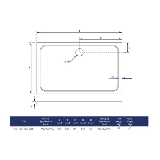 Scudo Eco-Stone Rectangular Shower Tray 1700 x 700mm | 1700-700-REC-WTE - Envy Bathrooms Ltd