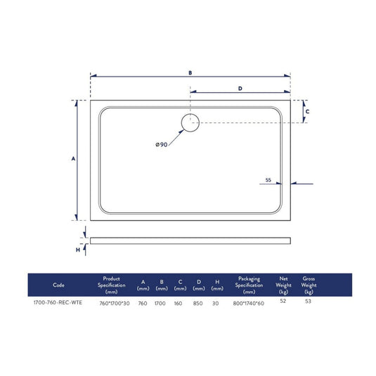 Scudo Eco-Stone Rectangular Shower Tray 1700 x 760mm | 1700-760-REC-WTE - Envy Bathrooms Ltd
