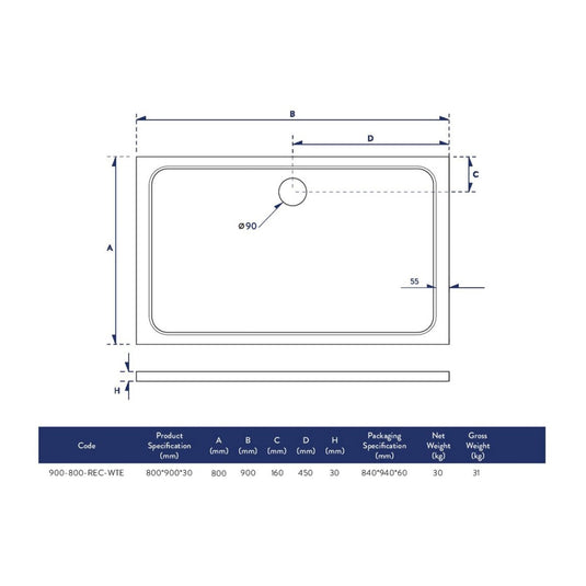 Scudo Eco-Stone Rectangular Shower Tray 900 x 800mm White | 900-800-REC-WTE - Envy Bathrooms Ltd