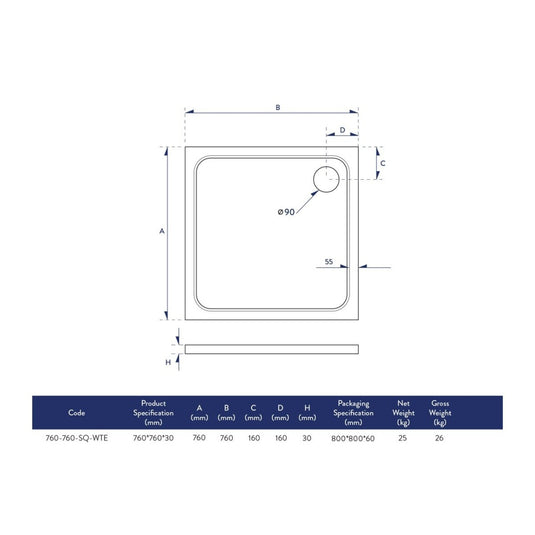 Scudo Eco-Stone Square Shower Tray 760 x 760mm | 760-760-SQ-WTE - Envy Bathrooms Ltd