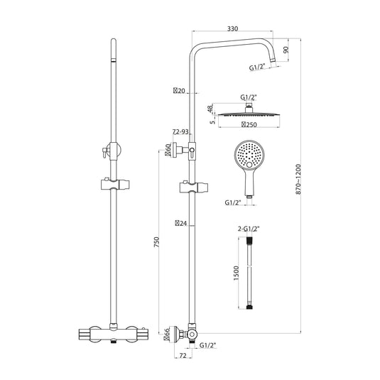 Scudo Messi Cool Touch Round Bar Valve; Adjustable Rigid Riser - Chrome - SHOWER009 - Envy Bathrooms Ltd