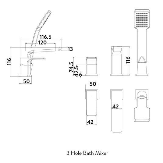 Scudo Muro 3 Tap Hole Deck Mounted Multi Hole Bath Filler Tap - Chrome - TAP246L - Envy Bathrooms Ltd