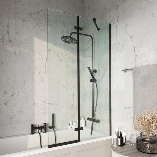 Scudo Square Pivot Bath Screen Including Fixed Panel 900mm Matt Black | SCREEN007 - Envy Bathrooms Ltd