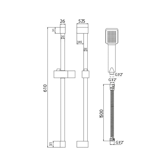 Scudo Square Slide Rail Kit With Paddle Handset - Chrome - RISERKIT001 - Envy Bathrooms Ltd