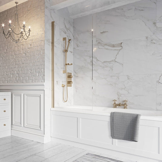 Scudo Thalia Brushed Brass Single Panel Bath Screen 800x1500mm | THALIASINGLEBB - Envy Bathrooms Ltd