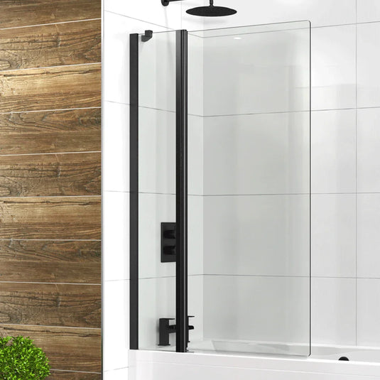 Sommer Evolve 1500mm x 980mm Black Framed 8mm Half Radius Hinged Bath Screen with Fixed Panel - Clear Glass - EVODO8BK - Envy Bathrooms Ltd
