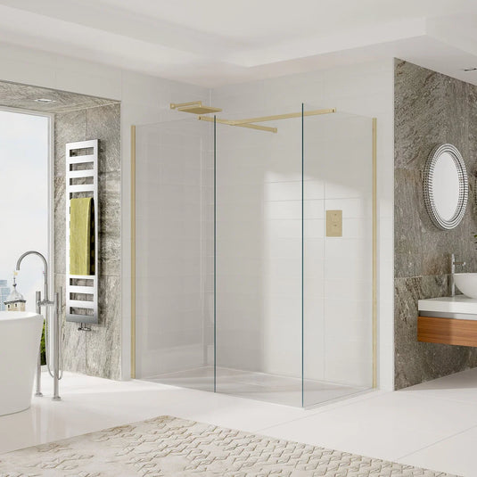 Modern bathroom with walk-in glass shower, freestanding tub, towel radiator, and wall-mounted sink