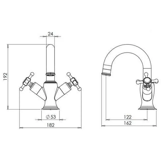Technical drawing of a dual-handle mixer tap with dimensions and curved spout.