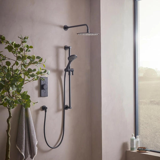 Tavistock Axiom Dual Function Shower System With Riser Kit and Overhead Shower Matt Black - Envy Bathrooms Ltd