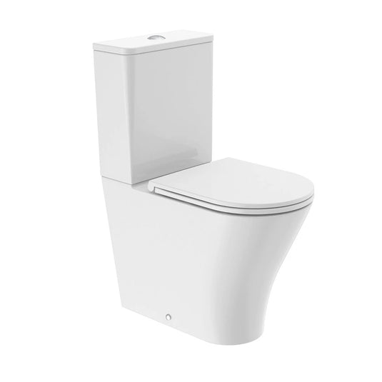 Modern white close coupled toilet with round rimless design and soft-close seat