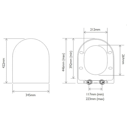 Technical drawing of a round slim soft close toilet seat with detailed measurements.