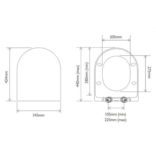 Technical drawing of round toilet seat with measurements in millimeters, top and underside views.