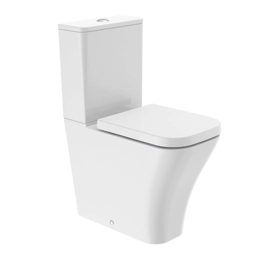 Modern white close coupled toilet with square comfort height and rimless design