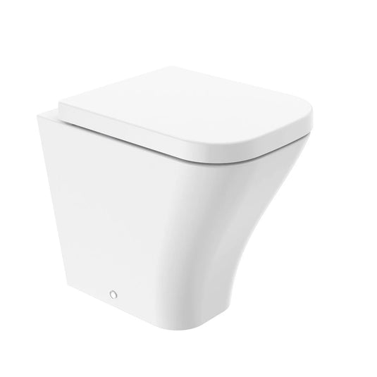 Modern white rimless back to wall toilet pan with soft square design on white background
