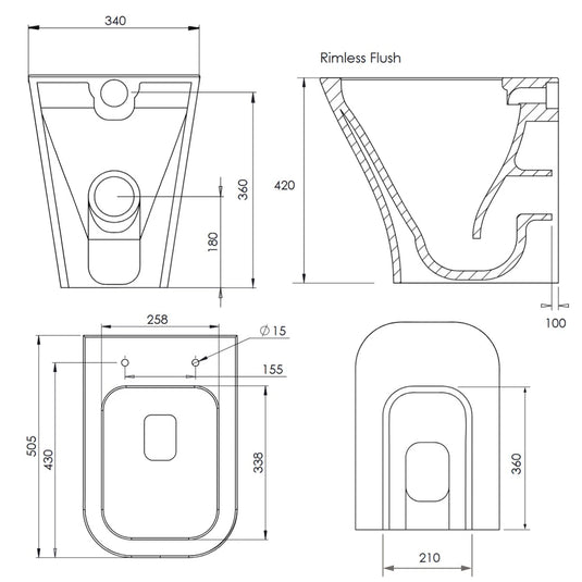 Square rimless back to wall toilet pan technical drawing with dimensions and flush design