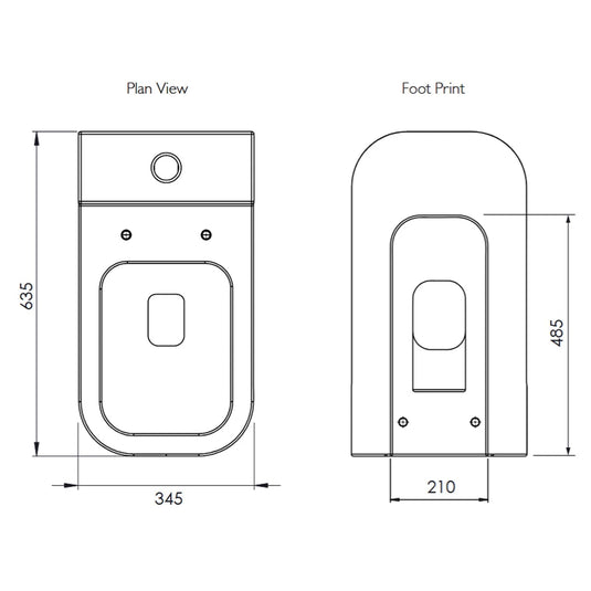 Technical drawing of square rimless toilet pan with dimensions and footprint diagram