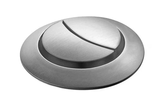 Modern brushed steel dual flush toilet button with circular design