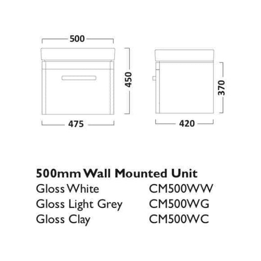 Tavistock Compass 500mm Wall Hung Single Draw Vanity Unit - Gloss Light Grey - CM500WG - Envy Bathrooms Ltd