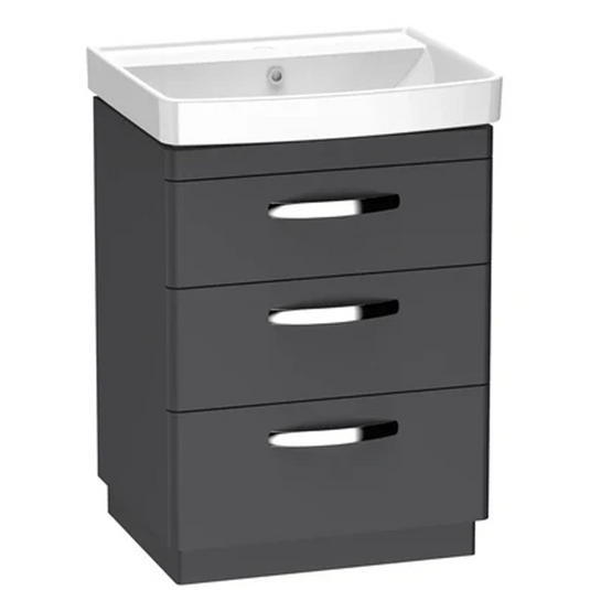 Storm grey floor standing bathroom vanity unit with three drawers and integrated white basin