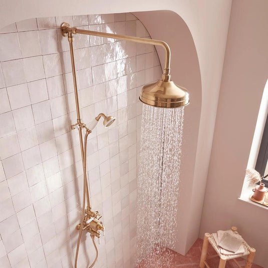 Tavistock Lansdown Dual Function Exposed Shower System with Overhead Shower & Handset Brushed Brass - Envy Bathrooms Ltd