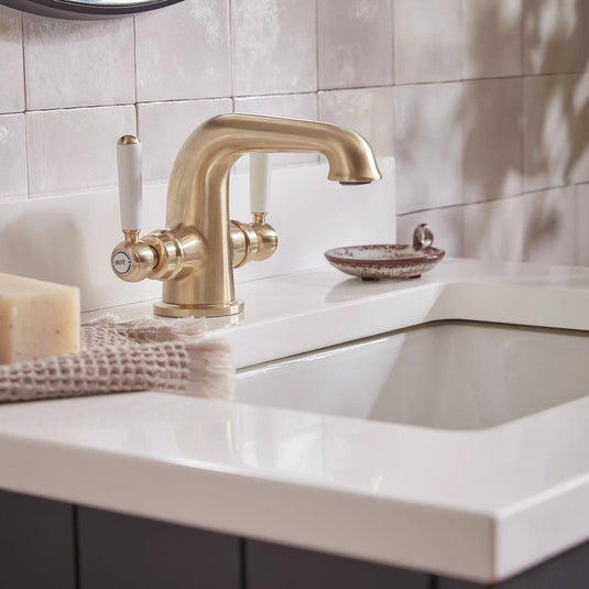 Tavistock Lansdown Twin Basin Mono Mixer Tap with Click Waste - Brushed Brass - TLD1104 - Envy Bathrooms Ltd
