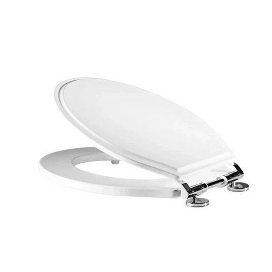 White oval toilet seat with chrome hinges, angled open on white background