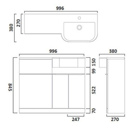 Tavistock Match 1000mm Combination Vanity Unit (RH) - Gloss Light Grey - MATRG - Envy Bathrooms Ltd