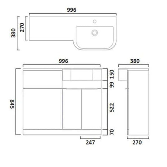Tavistock Match 1000mm Combination Vanity Unit (RH) - Gloss White - MAT10R.W - Envy Bathrooms Ltd