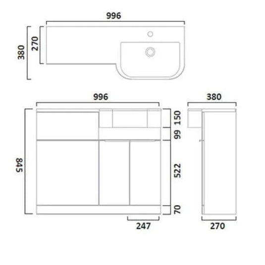 Tavistock Match 1000mm Combination Vanity Unit (RH) - Gloss Light Grey - MAT10R.G - Envy Bathrooms Ltd