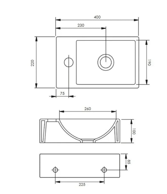 Technical drawing with measurements of a rectangular bathroom basin with side and front views.