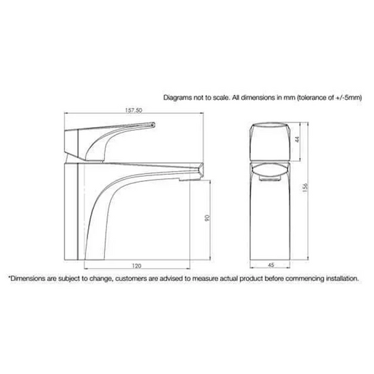 Technical drawing of a basin mixer tap with side and front dimensions in millimeters.