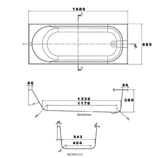 The White Space Arnold Single Ended Rectangular Bath - 1680mm X 685mm - White - Envy Bathrooms Ltd