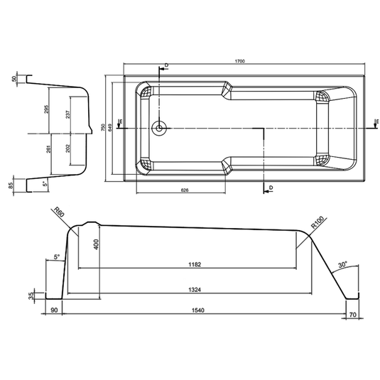 The White Space I-Bath Single Ended Shower Bath 1700mm x 750mm - White - Envy Bathrooms Ltd