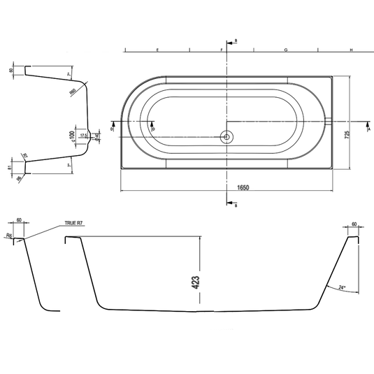 The White Space J-Bath Double Ended Rectangular Bath 1650mm x 725mm - Left Handed - Envy Bathrooms Ltd