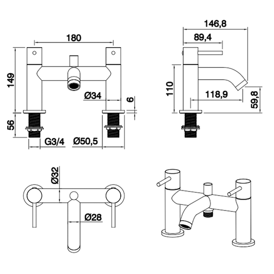 The White Space Pin Lux 2-Hole Dual Lever Bath Filler Tap - Brushed Brass - Envy Bathrooms Ltd